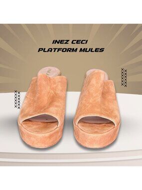 Inez Ceci Platform Mules Size 9.5 In Tan Suede Open Toe 4' Block Heels